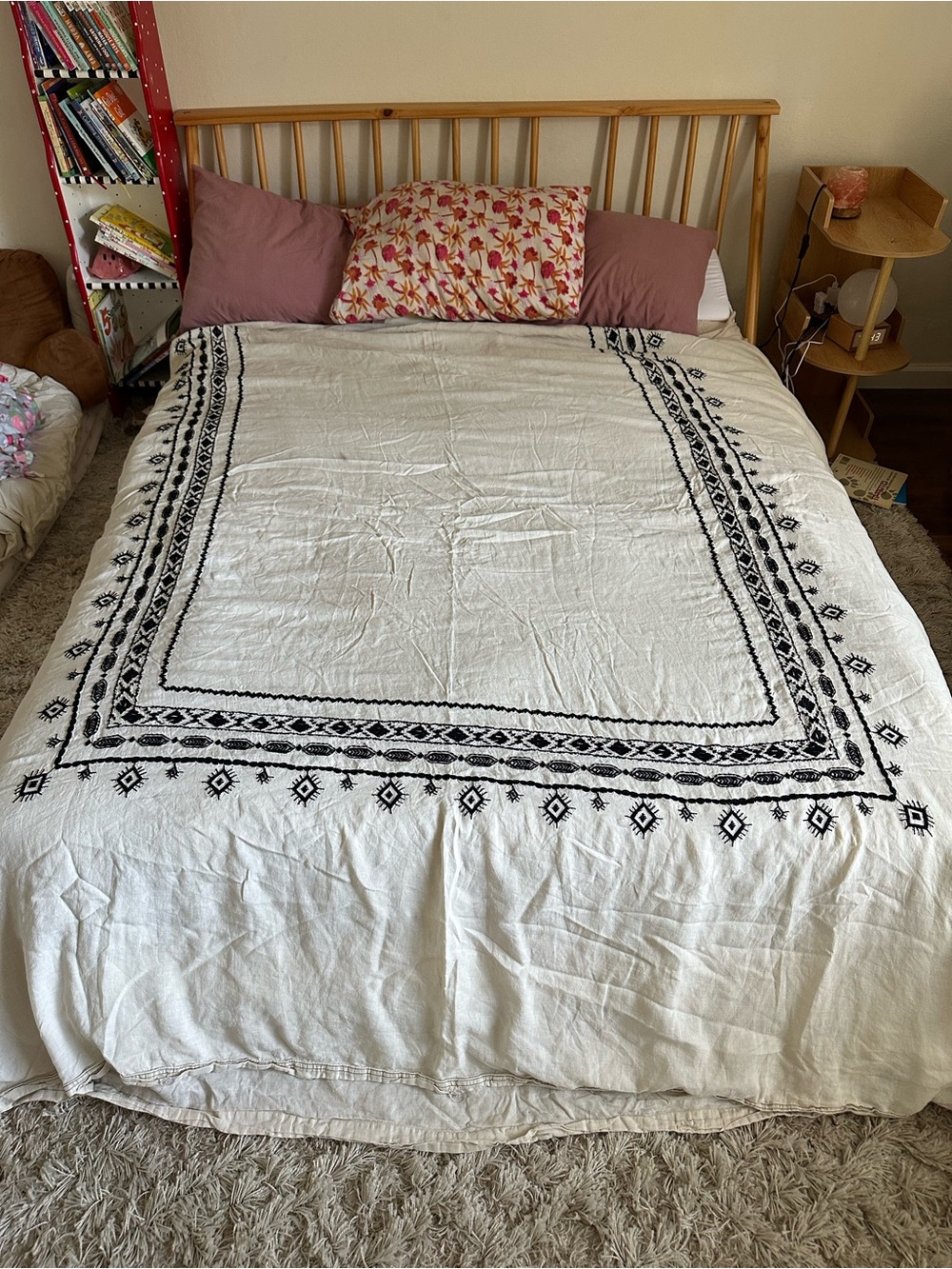 Neutral White Cotton Duvet Cover with Black Embroidered Border - Home Bedding